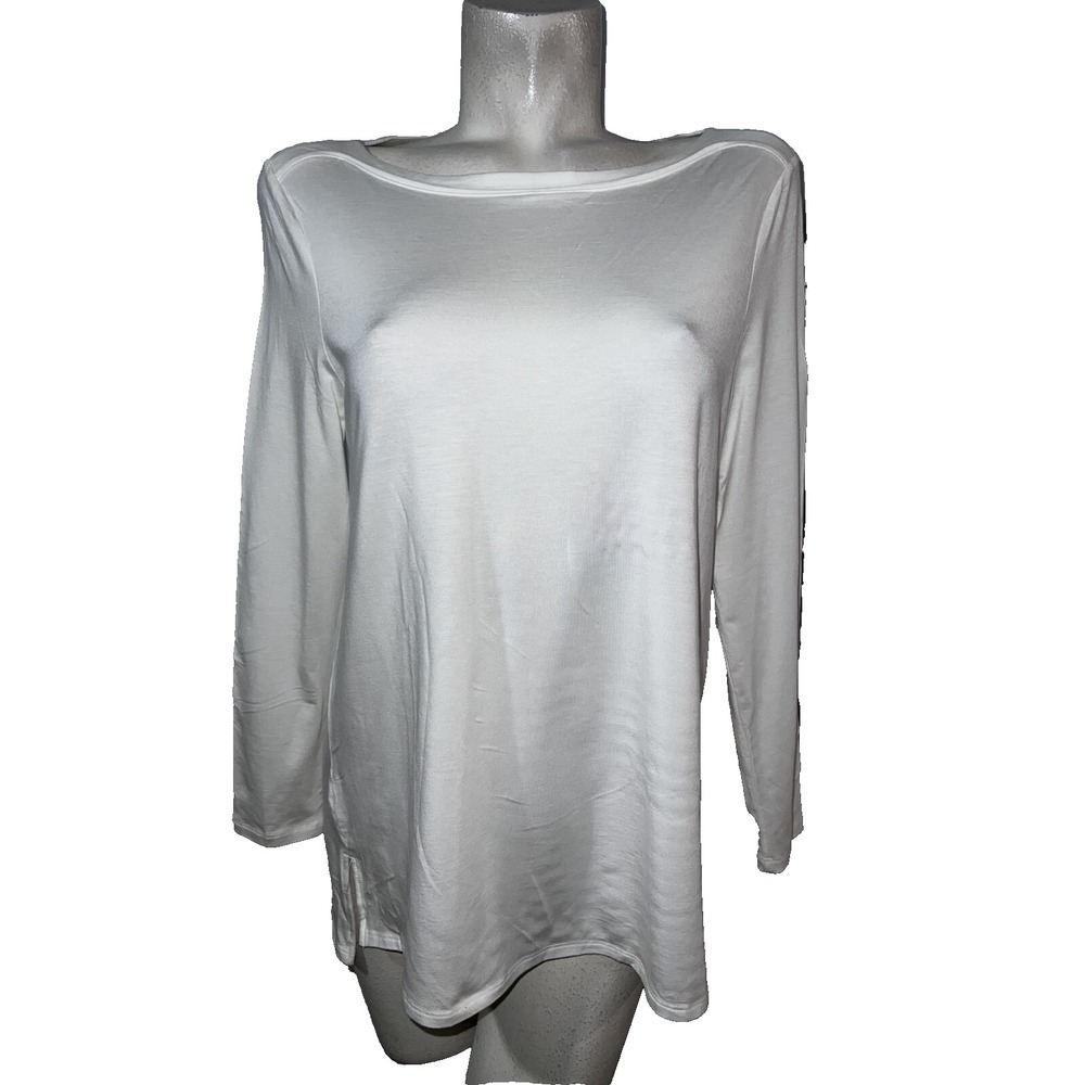 Chicos White Long Sleeve Boat Neck Tunic Top Size 1 Medium Minimalist Basic